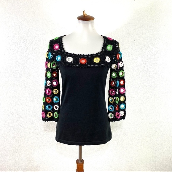 Crochet Multicolored 3/4 Sleeves  Top SZ Small - Picture 1 of 7